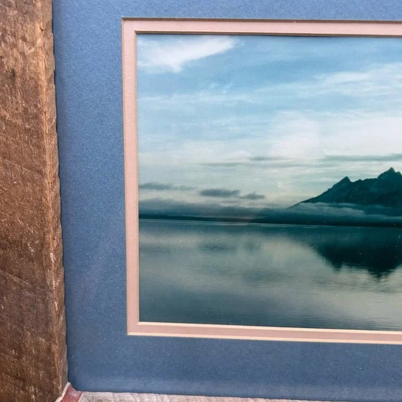 Vintage landscape water & mountains in wood and leather frame, western